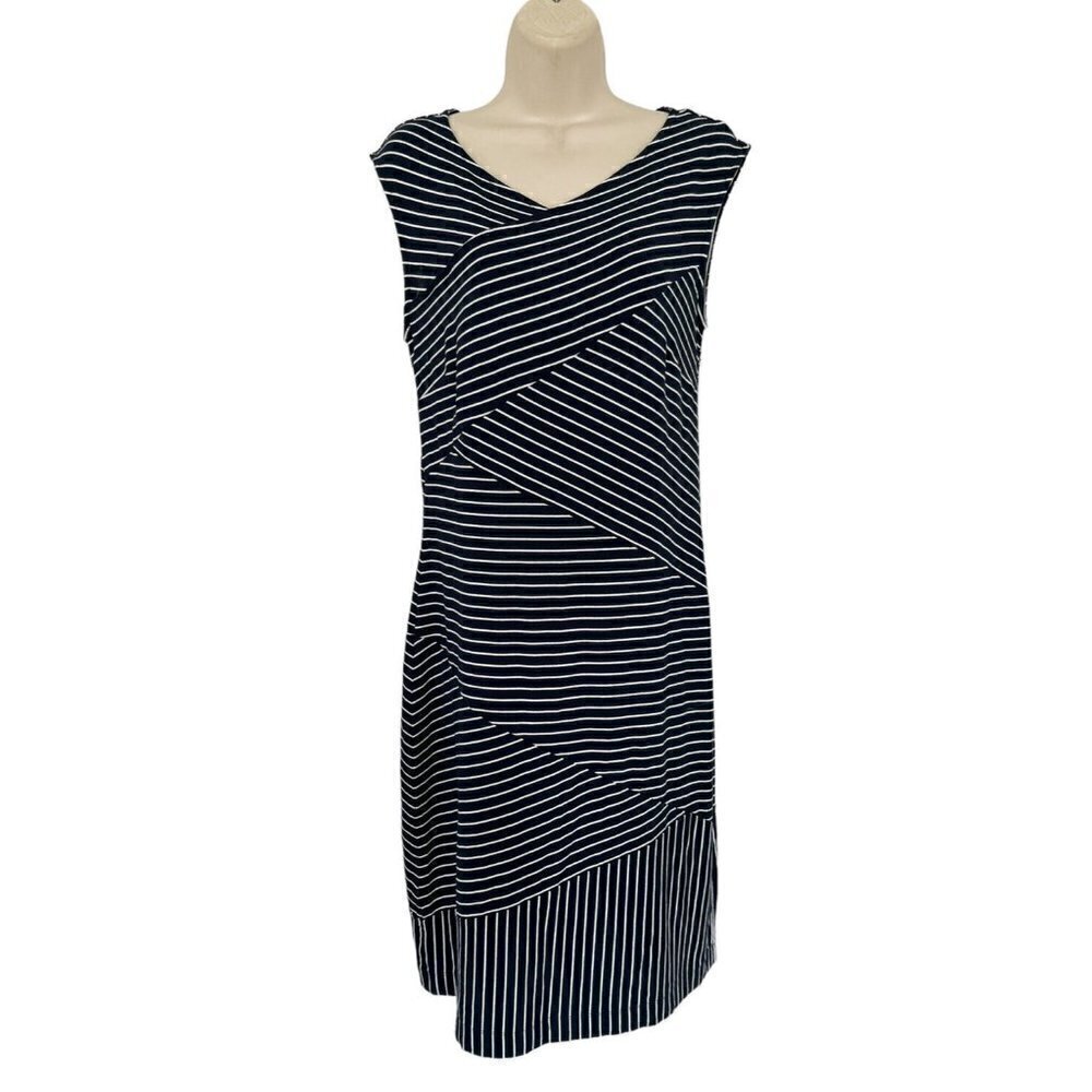 Ann Taylor Women's Sz M Navy Blue White Asymmetrical Stripe Sheath Bandage Dress